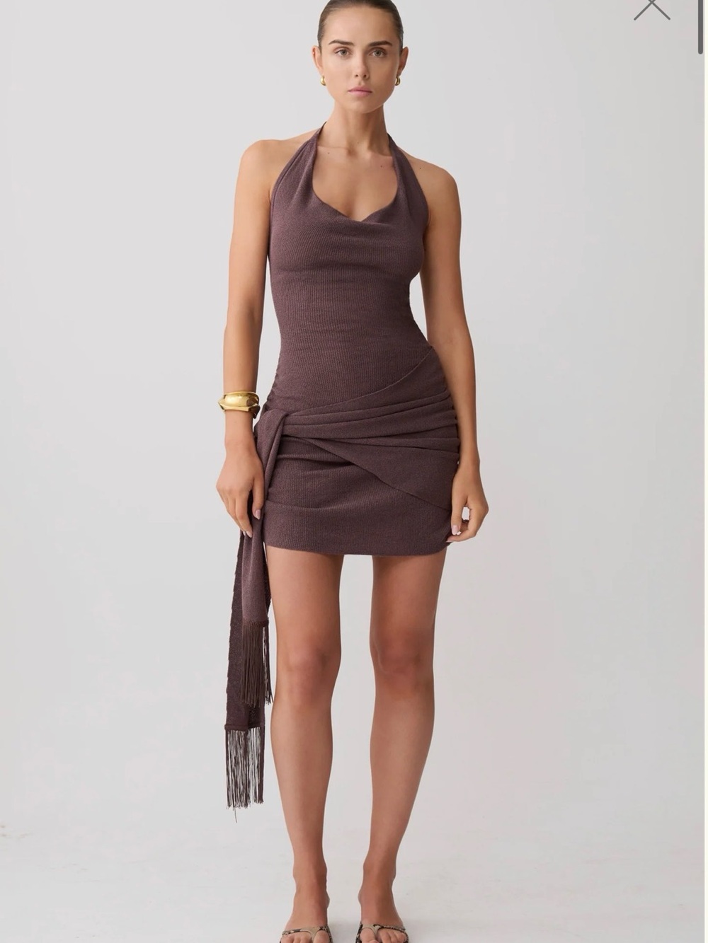 Meshki  Lucien cowl neck mini dress - Brown Halter Mini Dress with Fringe Sash